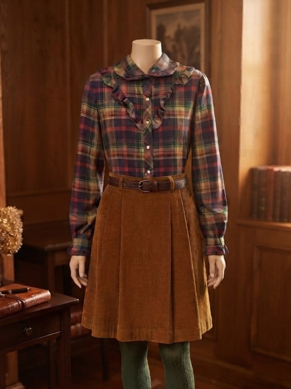 Vintage 70's Plaid Ruffle Collar Women's L Button Up Cotton Blouse - Picture 10 of 11